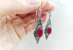 Earrings Dangle Long Hooked Silver 925 red stone
