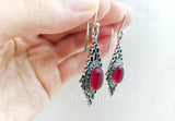 Earrings Dangle Long Hooked Silver 925 red stone