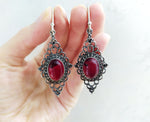 Earrings Dangle Long Hooked Silver 925 red stone