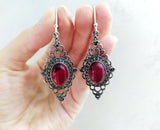 Earrings Dangle Long Hooked Silver 925 red stone
