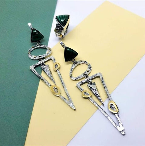 Malachite green gemstone dangle earrings and ring SET Silver 925