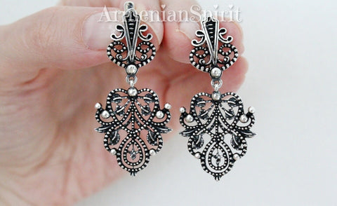 Filigree earrings Sterling silver 925 dangle with English lock ]