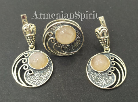 Earrings and ring Sterling silver 925 and natural nude pink quartz