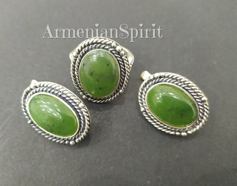 Jewelry set Earrings and ring Sterling silver 925 and natural jade