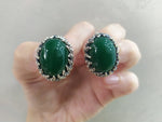 Short earrings and ring SET Sterling 925 green jade cabochon oval