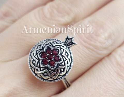 Pomegranate ring Sterling silver 925 with red zircon stones