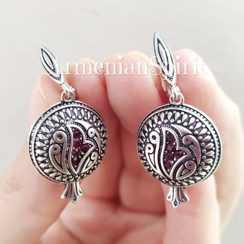Pomegranate earrings Sterling silver 925 red zircon