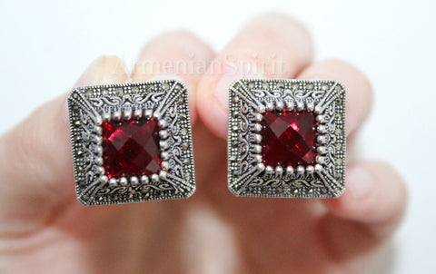 Square earrings SILVER 925 marcasite jewelry Red vintage
