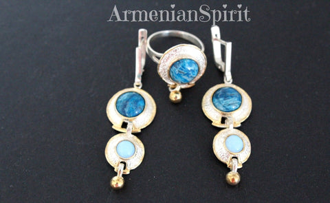 Earrings and ring Blue lapis lazuli and moonstone Sterling SILVER 925 gold plated