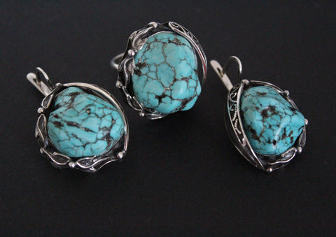 Natural turquoise SET Silver 925 Adjustable ring and earrings