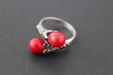 Ring black sterling silver 925 with marcasites and red lab coral