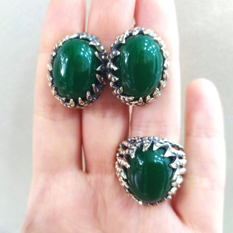 Short earrings and ring SET Sterling 925 green jade cabochon oval