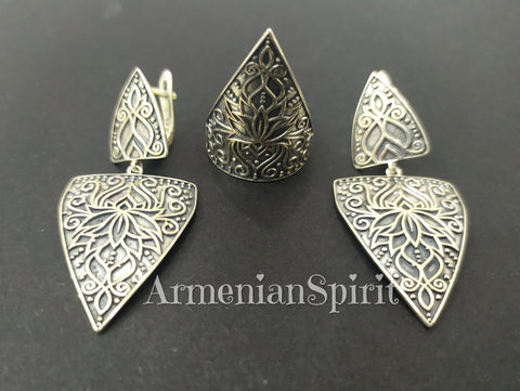 Jewelry set earrings and ring Sterling silver 925 with Armenian ornament