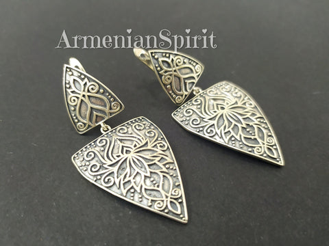 Jewelry earrings long Sterling silver 925 with Armenian ornament