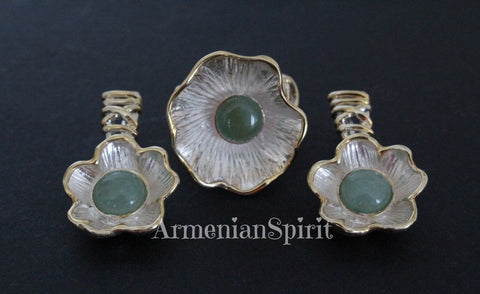 Flower Jade earrings and ring green Sterling SILVER 925