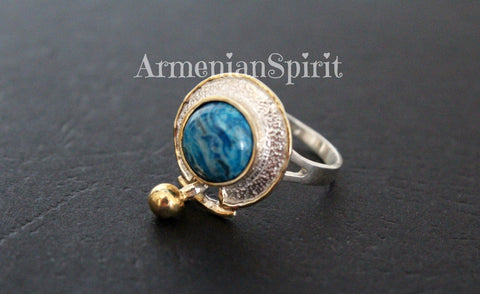 Ring blue chrysocolla jewelry Sterling SILVER 925 gold plated details