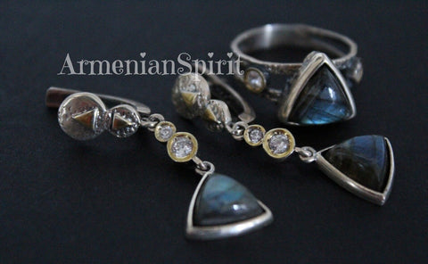 Earrings ring Blue gray labradorite white zircon Sterling SILVER 925 gold plated details
