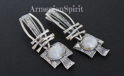 Earrings long modern design Natural moon stone Sterling Silver 925