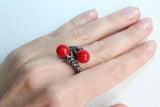 Ring black sterling silver 925 with marcasites and red lab coral
