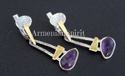 Earrings sterling silver 925 gold plated details amethyst gemstone