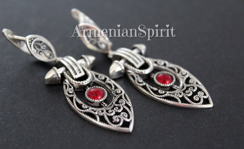 Earrings Sterling silver 925 filigree with red quartz Handmade Armenian