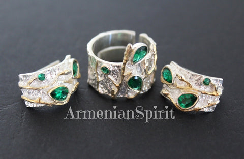Earrings and ring Sterling silver 925 emerald green zircons