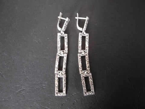 Silver very long earrings 925 Rectangular Ethnic pattern