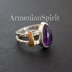 Amethyst ring women Sterling silver 925 with gold plated details