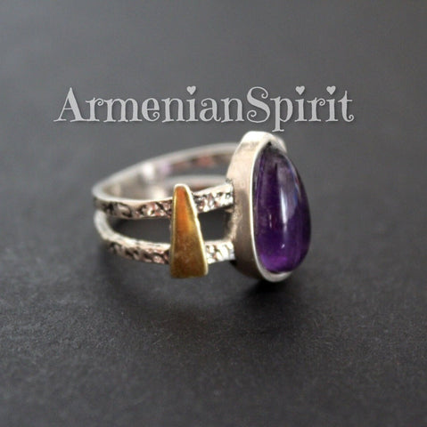 Amethyst ring women Sterling silver 925 with gold plated details