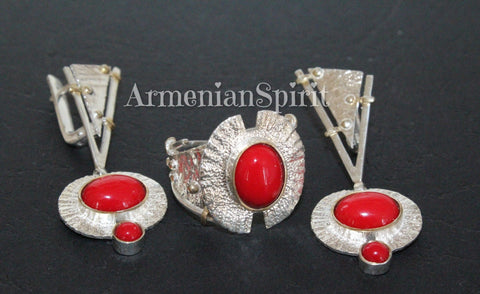 Earrings and ring Gilded Sterling silver 925 and natural pressed coral