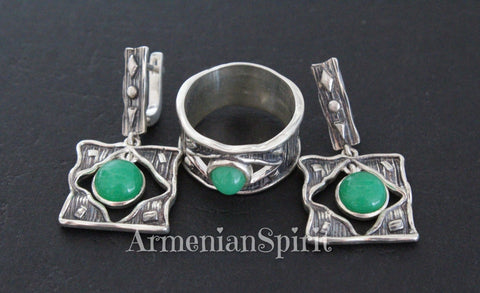 Earrings and ring sterling silver 925 Green jadeite gemstone