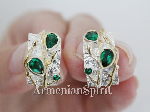 Earrings small Silver 925 gold plated Emerald green zircons