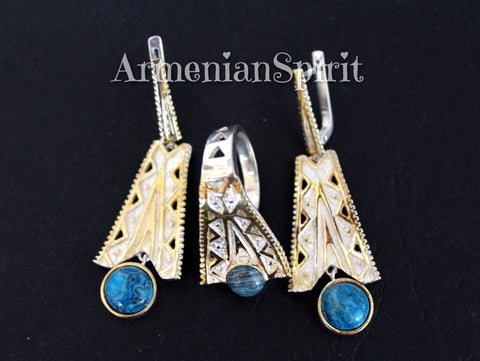 Earrings ring Blue chrysocolla Sterling SILVER 925 gold plated
