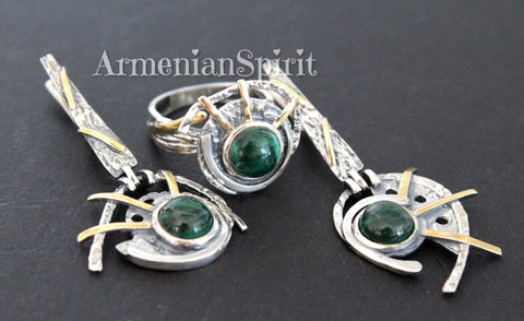 Green malachite jewelry se Earrings and ring Sterling silver 925 gold plated