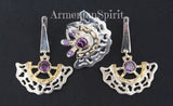 Jewelry set Earrings ring Gold and silver 925 Purple zircons