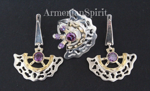 Jewelry set Earrings ring Gold and silver 925 Purple zircons