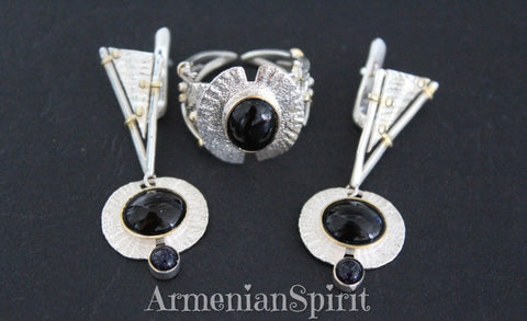 Jewelry set Earrings and ring Gilded Sterling silver 925 and natural onyx
