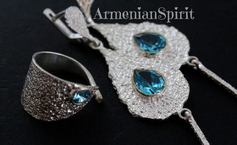 Light blue zircon set Silver 925 ring and very long drop earrings