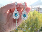 Very long drop earrings Light blue zircon jewelry Silver 925