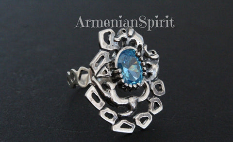 Ring light blue zircon Silver 925 panther and elephant