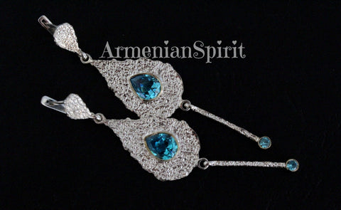 Very long drop earrings Light blue zircon jewelry Silver 925