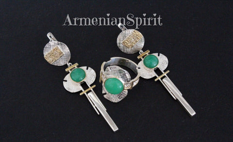 Earrings and ring Green chrysoprase Sterling SILVER 925 gold plated