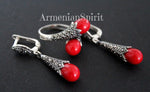 Earrings black sterling silver 925 with marcasite and red lab coral