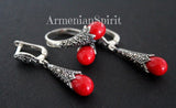 Earrings black sterling silver 925 with marcasite and red lab coral