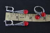 Earrings black sterling silver 925 with marcasite and red lab coral