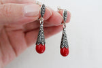 Earrings black sterling silver 925 with marcasite and red lab coral