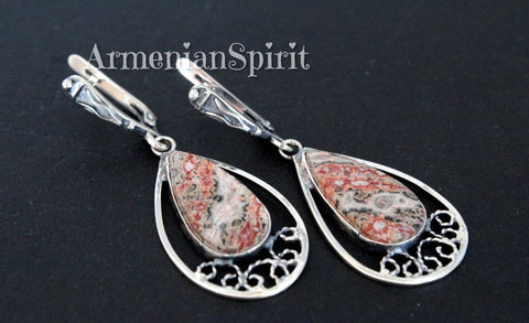 Earrings leopard jasper natural gemstone red beige black Sterling silver 925