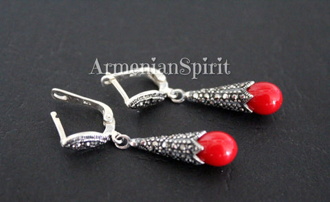 Earrings black sterling silver 925 with marcasite and red lab coral