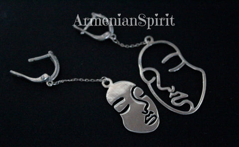 Art earrings Faces man woman Long on chains Sterling silver 925