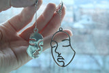 Art earrings Faces man woman Long on chains Sterling silver 925